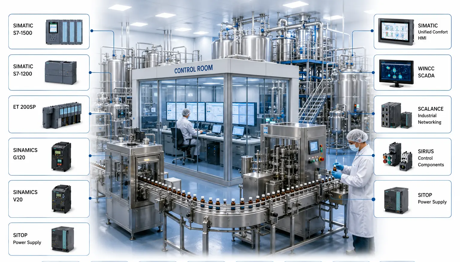 Pharmaceutical manufacturing automation products including Siemens PLC VFD HMI and SCADA